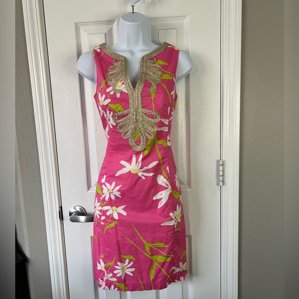 Lilly Pulitzer Pink Lily Print Floral Sleeveless Dress with Gold Trim